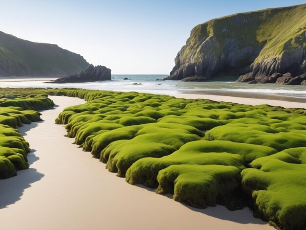 Un paysage côtier avec des algues vertes formant une frontière le long de la rive sablonneuse