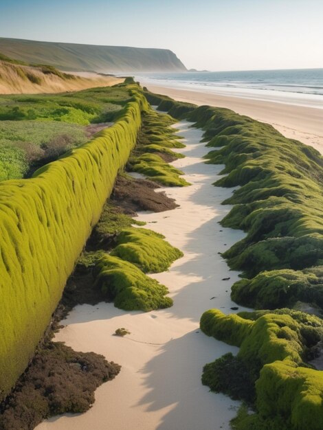 Un paysage côtier avec des algues vertes formant une frontière le long de la rive sablonneuse