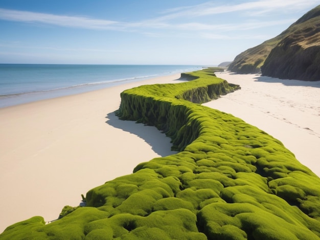 Un paysage côtier avec des algues vertes formant une frontière le long de la rive sablonneuse