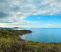 Photo paysage côtier de soirée d'été de la mer méditerranée avec des fleurs violettes. vue du cap canadell, france.