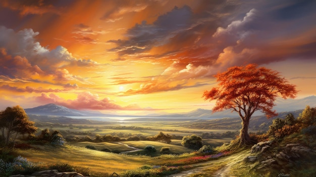 un paysage avec un coucher de soleil et un arbre au premier plan