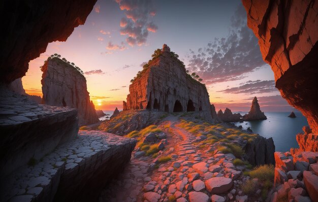 Un paysage avec un coucher de soleil et un chemin rocheux menant à une falaise.