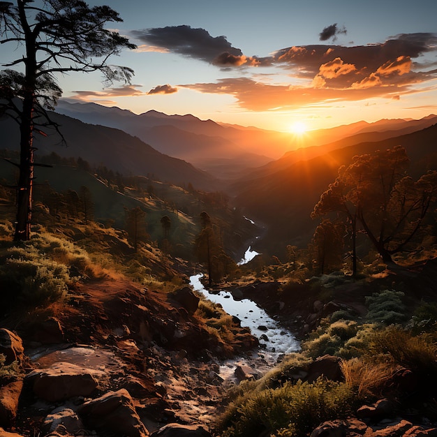 Paysage coucher de soleil dans la forêt de montagne montagnes colombiennes coucher de soleil photo documentaire