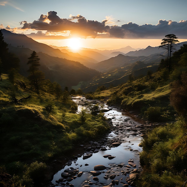 Paysage coucher de soleil dans la forêt de montagne montagnes colombiennes coucher de soleil photo documentaire