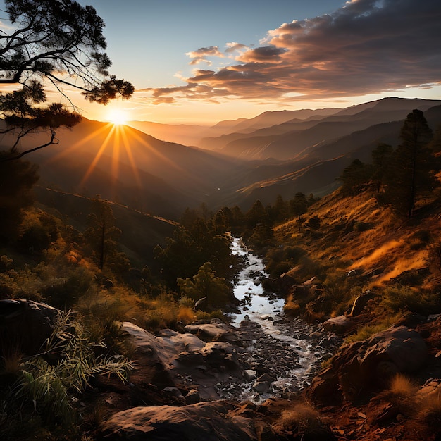 Paysage coucher de soleil dans la forêt de montagne montagnes colombiennes coucher de soleil photo documentaire