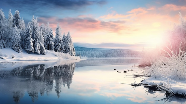 paysage de coucher de soleil d'hiver avec une belle réflexion dans l'eau