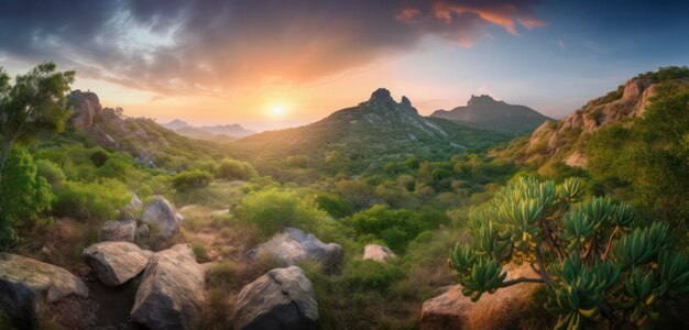 Un paysage avec un coucher de soleil et des montagnes en arrière-plan