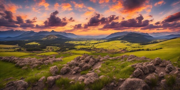 Un paysage avec un coucher de soleil et des montagnes en arrière-plan