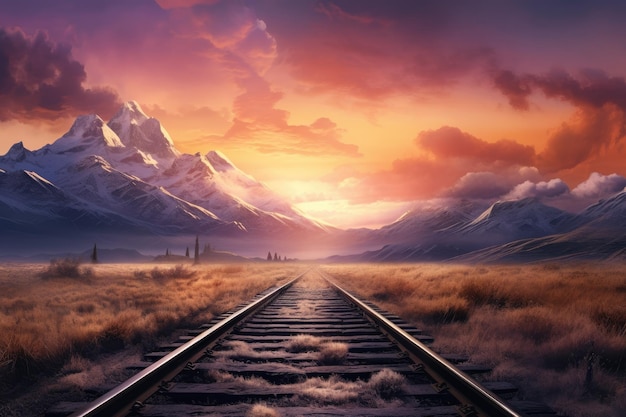 Paysage avec coucher de soleil et montagnes sur les voies ferrées AI générative