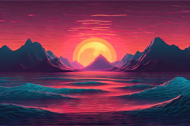 Paysage de coucher de soleil rétro Synthwave avec vagues de l'océan