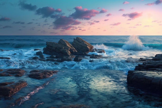 Paysage de coucher de soleil avec roche océanique et ciel avec nuages créés à l'aide de la technologie générative ai