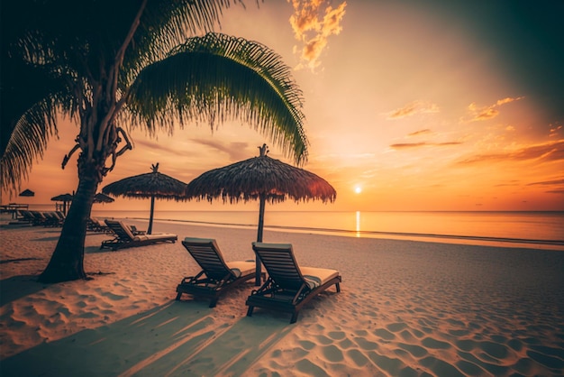 Paysage de coucher de soleil tropical deux chaises longues parasol sous palmier