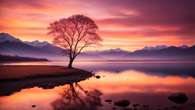 Un paysage à couper le souffle au coucher du soleil où le ciel s'embrase de nuances d'orange