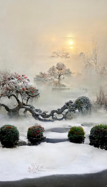 Paysage couvert de neige avec arbres et buissons ai génératif