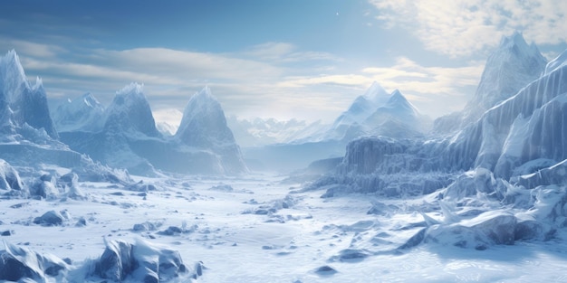 un paysage couvert de neige avec des montagnes et des rochers