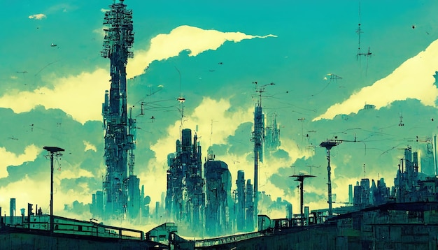 Paysage cyberpunk futuriste dans l'art linart de style manga comique