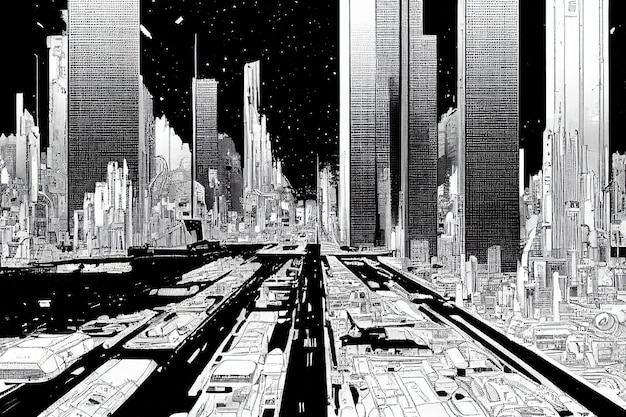 Paysage cyberpunk futuriste dans l'art linart de style manga comique