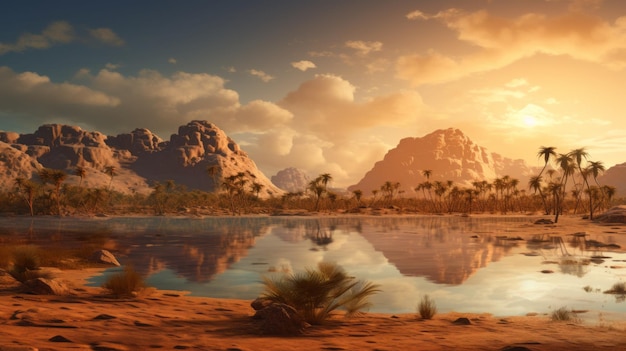 Un paysage désertique 3D époustouflant avec des palmiers et un lac