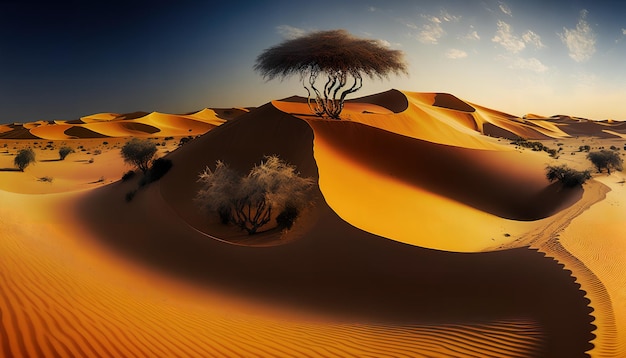 Un paysage désertique avec un arbre au milieu