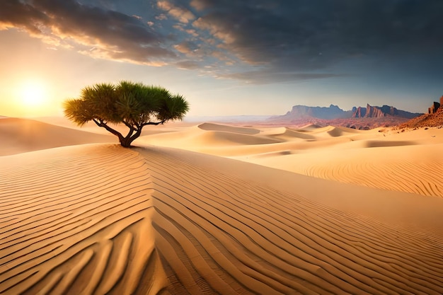 Un paysage désertique avec un arbre au milieu