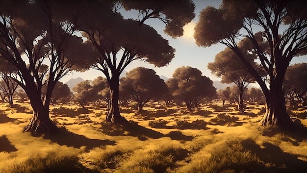 Paysage désertique avec arbres et montagnes