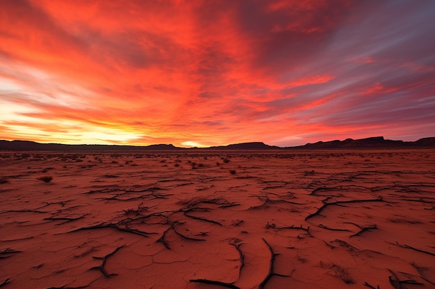 Paysage désertique austère sous un soleil brûlant rouge