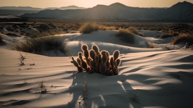 Un paysage désertique avec un cactus au premier plan et des montagnes en arrière-plan.