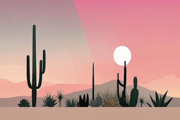 paysage désertique cactus cactus et montagnes avec soleil et lune fond désertique cactus avec épingle