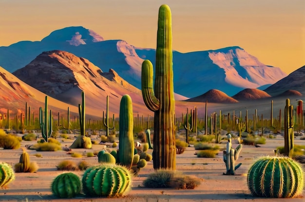 Paysage désertique de cactus Désert de cacti sur un ciel bleu