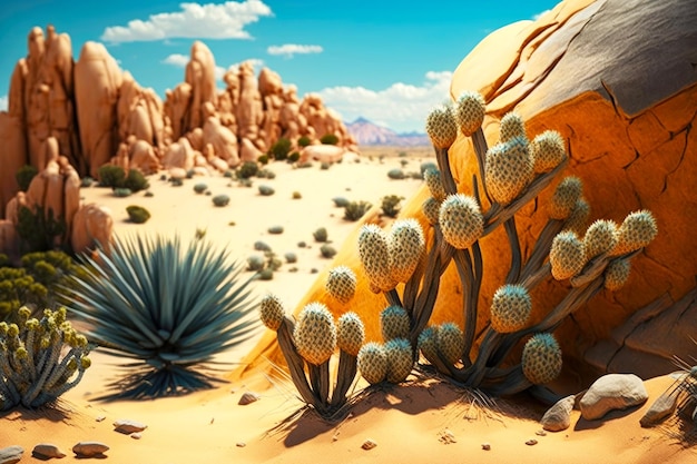 Paysage désertique avec cactus et dunes de sable parmi les rochers dans la zone aride ai générative