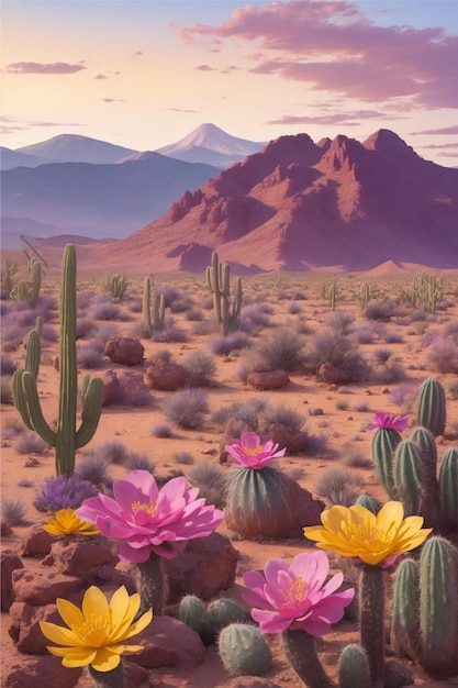 Paysage désertique avec des cactus en fleurs au premier plan