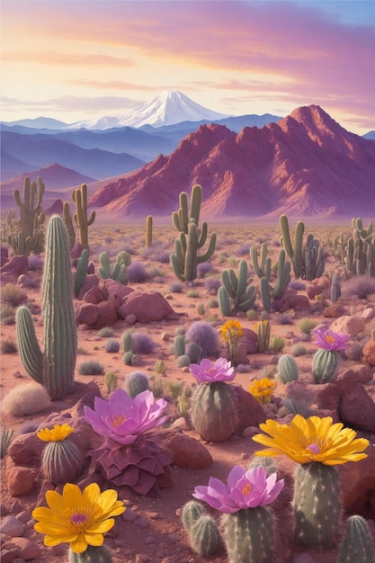 Paysage désertique avec des cactus en fleurs au premier plan