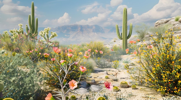 Photo un paysage désertique avec un cactus et des fleurs