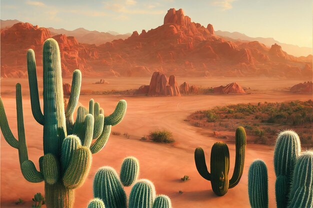 Paysage désertique avec cactus de montagne et terre sèche rouge à l'aube et nuages dans le ciel illustration 3d