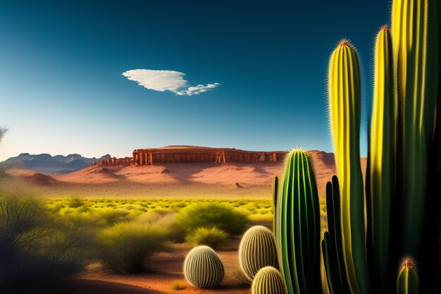 Un paysage désertique avec un cactus et des montagnes en arrière-plan.