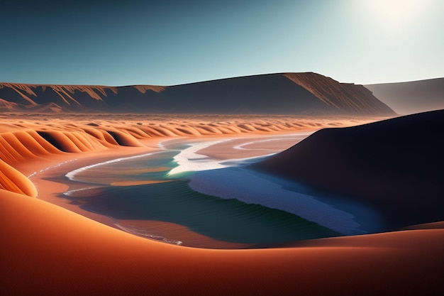 Paysage désertique chaud avec des dunes de sable doré et des pierres sous un ciel bleu nuageux chaud et sec