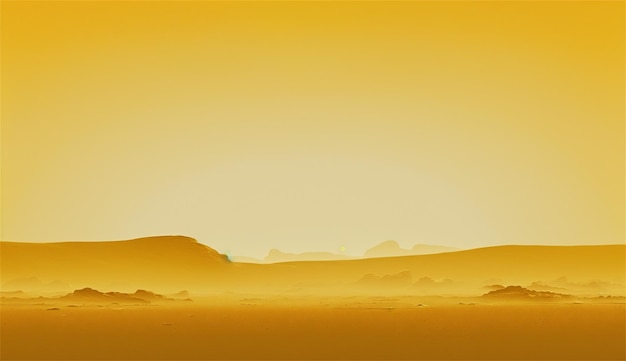 Un paysage désertique avec un ciel jaune et quelques petites montagnes au loin.