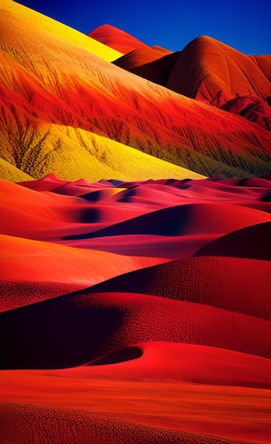 Un paysage désertique coloré avec une dune de sable rouge en arrière-plan.