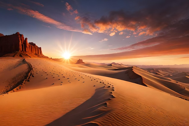 Un paysage désertique avec un coucher de soleil en arrière-plan