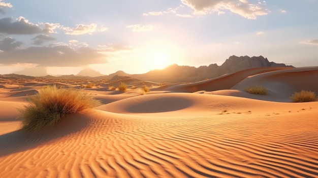 Un paysage désertique avec un coucher de soleil en arrière-plan