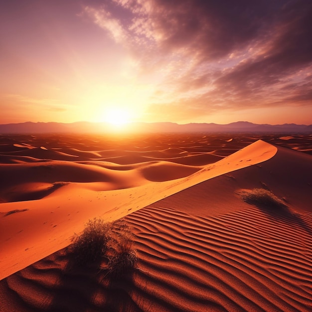 Un paysage désertique avec un coucher de soleil en arrière-plan