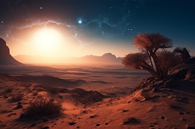 Un paysage désertique avec un coucher de soleil et une planète en arrière-plan
