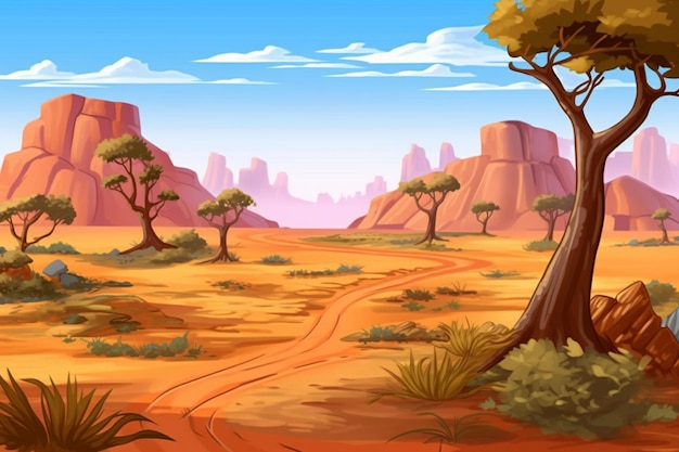 Paysage désertique de dessin animé avec des arbres et des rochers générative ai