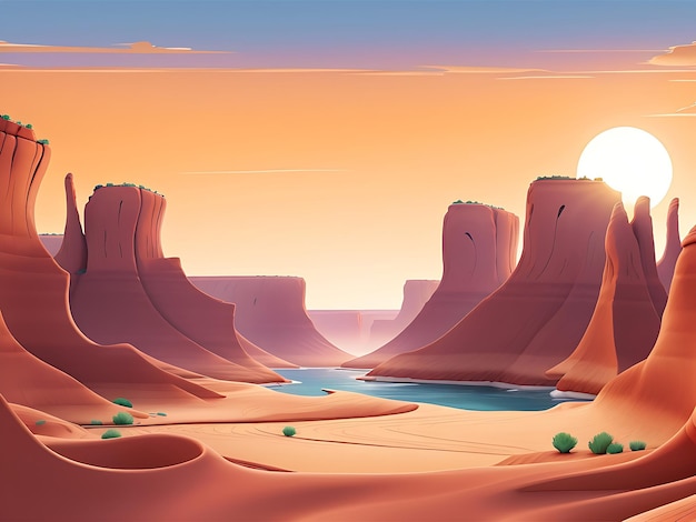 Paysage désertique de dessin animé avec des collines de cactus, du soleil et des montagnes, des silhouettes de la nature à l'horizontale.