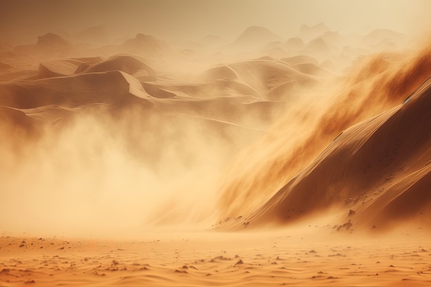 Un paysage désertique avec du sable soufflant dans le vent IA générative