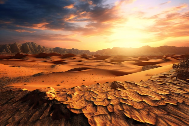Paysage désertique avec des dunes de sable au coucher du soleil