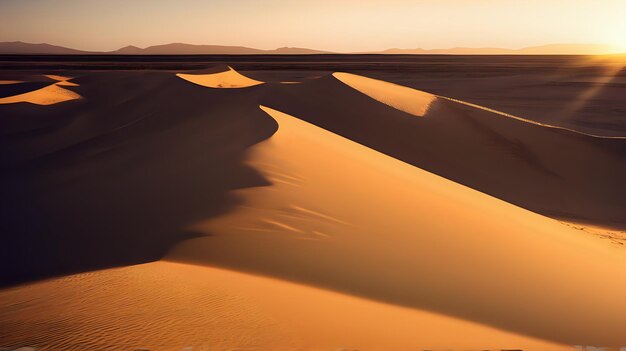 Un paysage désertique avec des dunes de sable brillant dans la dernière lumière du coucher de soleil jetant de longues ombres