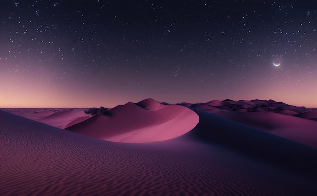 Paysage désertique avec dunes de sable et ciel étoilé dégradé rose