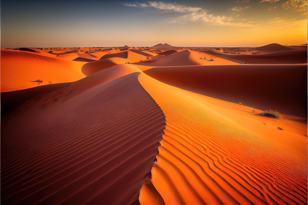 Un paysage désertique avec des dunes de sable et un coucher de soleil en arrière-plan.