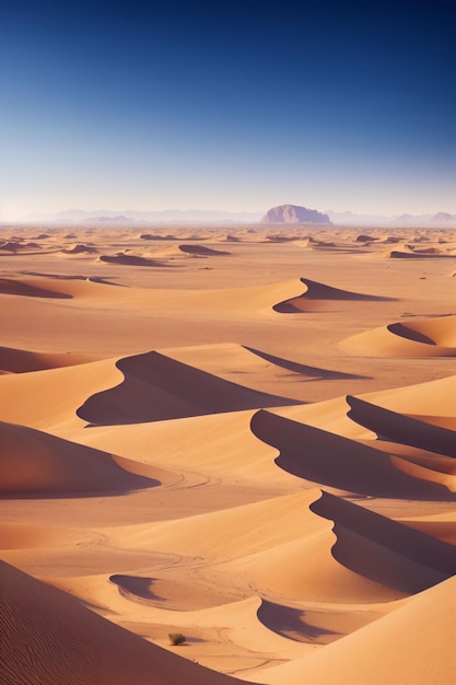 Un paysage désertique avec des dunes de sable et une montagne en arrière-plan.